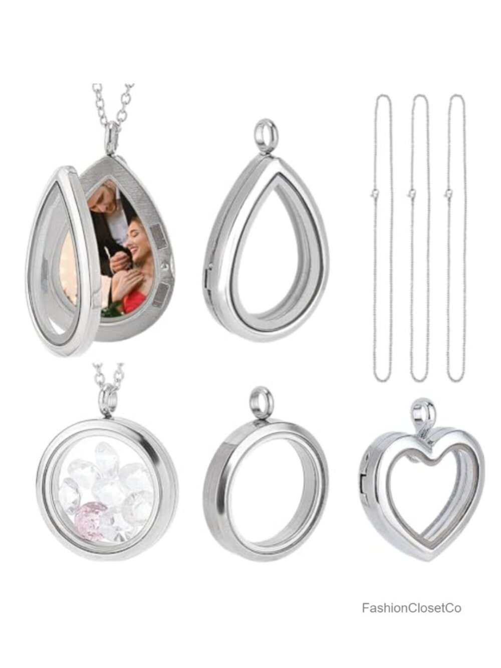 3-Pack Locket Pendant Necklaces 304 Stainless Steel Memory Keepsake